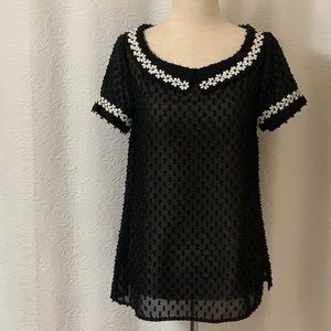 NWOT ModCloth Black Blouse with White Embroidery